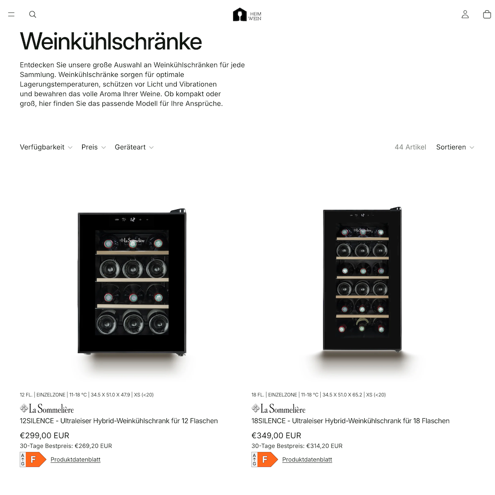 Shopify Kategorieseite von heimwein.de mit Produktfiltern und strukturierter Produktübersicht