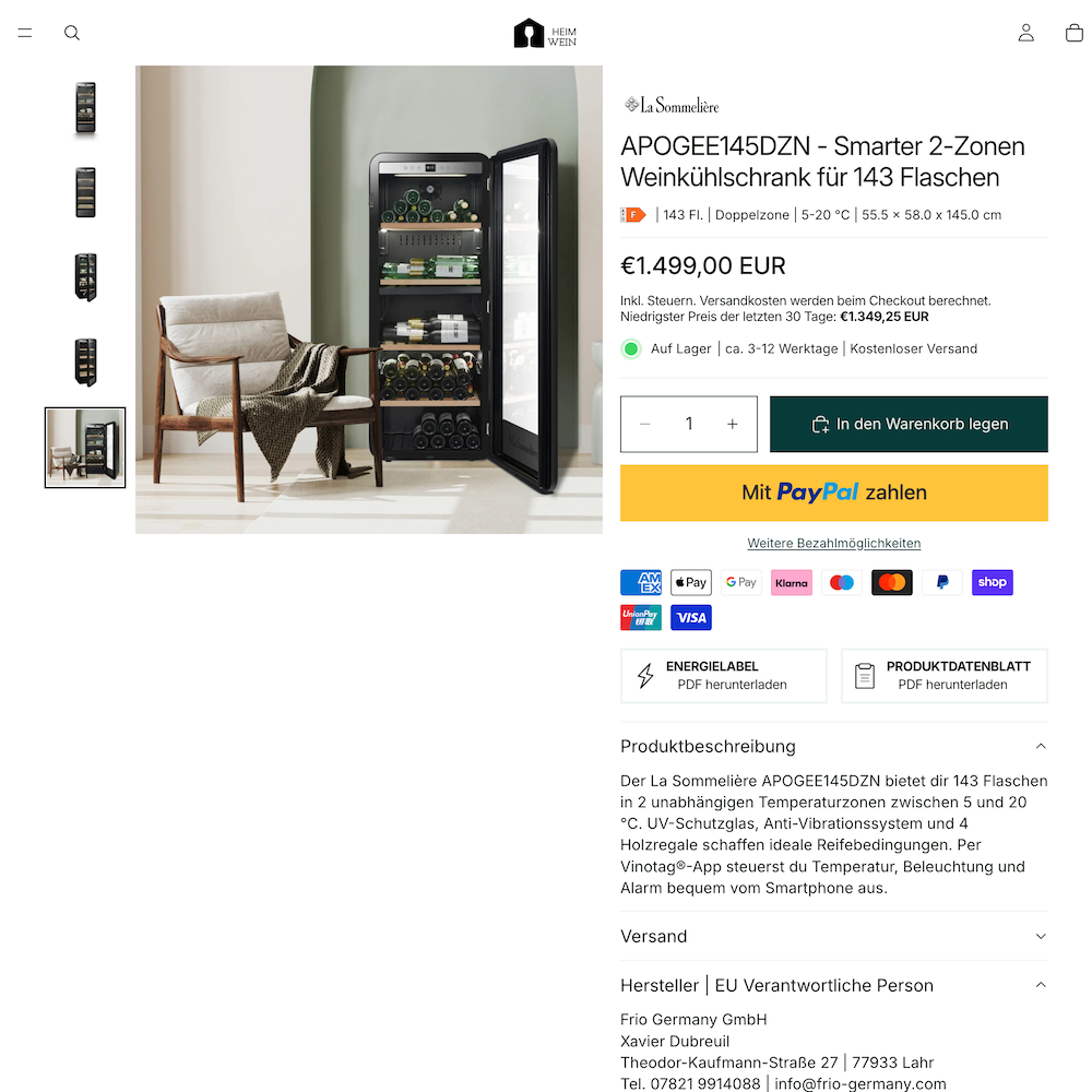 Produktdetailseite im Shopify Shop heimwein.de als Beispiel für laufende Shop-Betreuung durch anytips